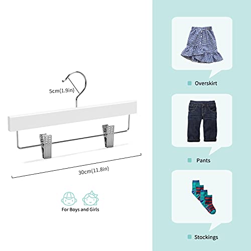 Nature Smile 11.8'' Kids Baby Toddler Children Solid Wooden Pants Hangers,Wood Skirts Hangers,Trousers Bottom Hangers with 2-Adjustable Clips Anti-Rust Hook Pack of 10 (White)