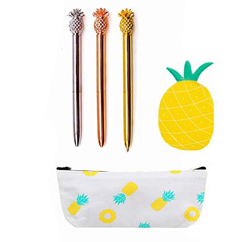 JeVenis Set of 5 Pineapple Pens Ballpoint Pens with Pineapple Pencil Pouch Bags Ins Style Pineapple Notes Stickers for Office Gift