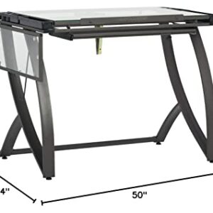 SD STUDIO DESIGNS Futura Luxe Drawing, Drafting, Craft Table with Drawer, 35" Wide Angle Adjustable Top and Side Shelf, Pewter Grey/Clear Glass