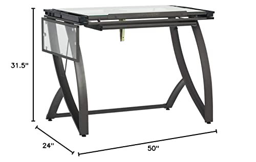 SD STUDIO DESIGNS Futura Luxe Drawing, Drafting, Craft Table with Drawer, 35" Wide Angle Adjustable Top and Side Shelf, Pewter Grey/Clear Glass