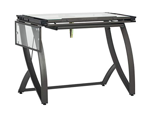 SD STUDIO DESIGNS Futura Luxe Drawing, Drafting, Craft Table with Drawer, 35" Wide Angle Adjustable Top and Side Shelf, Pewter Grey/Clear Glass