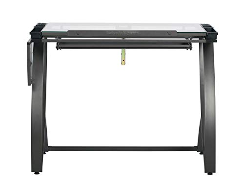 SD STUDIO DESIGNS Futura Luxe Drawing, Drafting, Craft Table with Drawer, 35" Wide Angle Adjustable Top and Side Shelf, Pewter Grey/Clear Glass