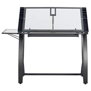 SD STUDIO DESIGNS Futura Luxe Drawing, Drafting, Craft Table with Drawer, 35" Wide Angle Adjustable Top and Side Shelf, Pewter Grey/Clear Glass