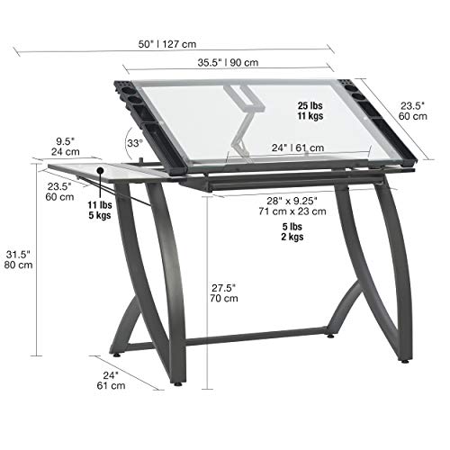 SD STUDIO DESIGNS Futura Luxe Drawing, Drafting, Craft Table with Drawer, 35" Wide Angle Adjustable Top and Side Shelf, Pewter Grey/Clear Glass