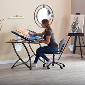 SD STUDIO DESIGNS Futura Luxe Drawing, Drafting, Craft Table with Drawer, 35" Wide Angle Adjustable Top and Side Shelf, Pewter Grey/Clear Glass