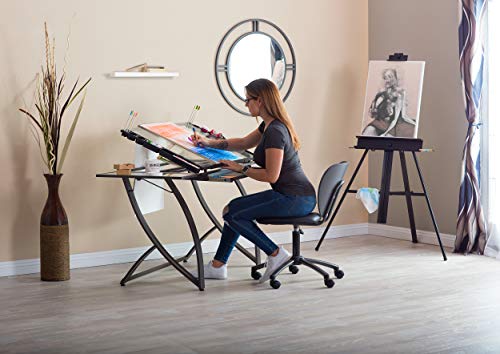 SD STUDIO DESIGNS Futura Luxe Drawing, Drafting, Craft Table with Drawer, 35" Wide Angle Adjustable Top and Side Shelf, Pewter Grey/Clear Glass