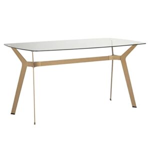 studio designs home archtech 60" w x 32" d mid-century modern dining, desk, metal and 8mm thick glass table in gold