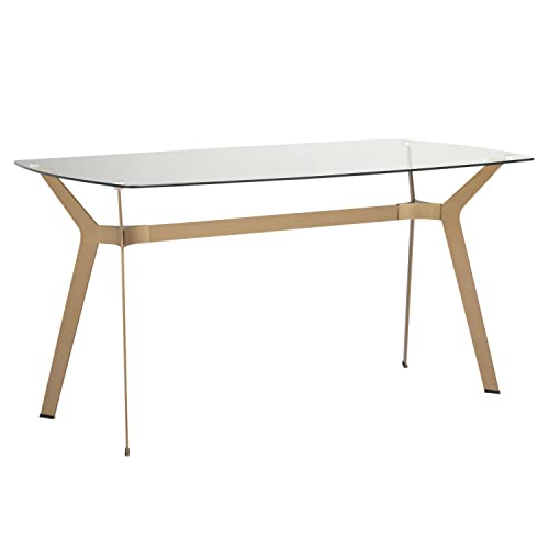 Studio Designs Home Archtech 60" W x 32" D Mid-Century Modern Dining, Desk, Metal and 8mm Thick Glass Table in Gold