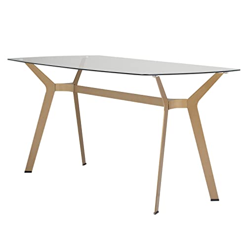 Studio Designs Home Archtech 60" W x 32" D Mid-Century Modern Dining, Desk, Metal and 8mm Thick Glass Table in Gold