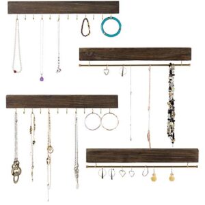 large wall mounted jewelry organizer. 17" inches wide rustic display with hooks for hanging rings, earrings, necklace holder, bracelet hanger. shabby chic wood home decor (set of 4 - dark brown)