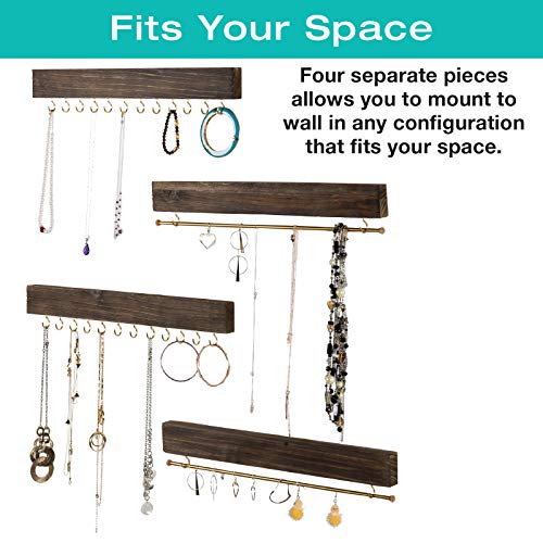 Large Wall Mounted Jewelry Organizer. 17" Inches Wide Rustic Display with Hooks for Hanging Rings, Earrings, Necklace Holder, Bracelet Hanger. Shabby Chic Wood Home Decor (Set of 4 - Dark Brown)
