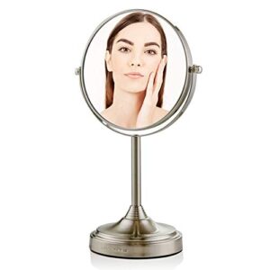 ovente 7'' tabletop makeup mirror with stand, 1x & 7x magnification, adjustable double sided round magnifier, ideal for dresser, vanity, office station & bathroom, nickel brushed mnlct70br1x7x