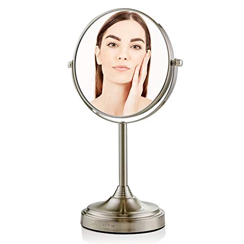 Ovente 7'' Tabletop Makeup Mirror with Stand, 1X & 7X Magnification, Adjustable Double Sided Round Magnifier, Ideal for Dresser, Vanity, Office Station & Bathroom, Nickel Brushed MNLCT70BR1X7X