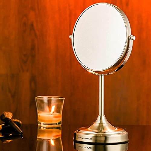 Ovente 7'' Tabletop Makeup Mirror with Stand, 1X & 7X Magnification, Adjustable Double Sided Round Magnifier, Ideal for Dresser, Vanity, Office Station & Bathroom, Nickel Brushed MNLCT70BR1X7X