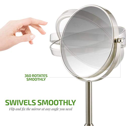 Ovente 7'' Tabletop Makeup Mirror with Stand, 1X & 7X Magnification, Adjustable Double Sided Round Magnifier, Ideal for Dresser, Vanity, Office Station & Bathroom, Nickel Brushed MNLCT70BR1X7X