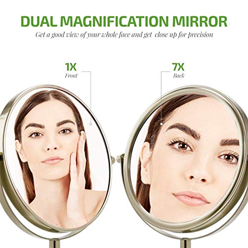 Ovente 7'' Tabletop Makeup Mirror with Stand, 1X & 7X Magnification, Adjustable Double Sided Round Magnifier, Ideal for Dresser, Vanity, Office Station & Bathroom, Nickel Brushed MNLCT70BR1X7X