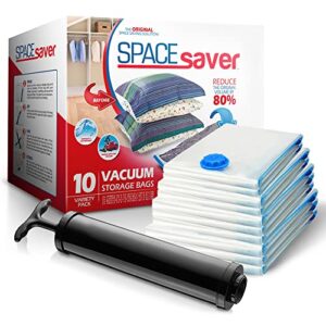 spacesaver vacuum storage bags (variety 10-pack) save 80% on clothes storage space - vacuum sealer bags for comforters, blankets, bedding, clothing - compression seal for closet storage. pump for travel.