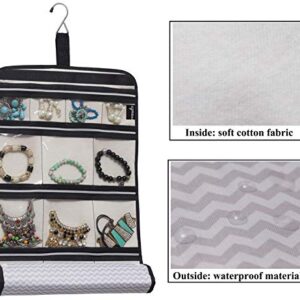 MISSLO Hanging Jewelry Organizer Travel Foldable Jewelry Roll Storage Case with 14 Cotton Zippered Pockets for Traveling, Closet, Suitcase