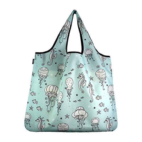 YaYbag JUMBO Size, Fashionable Reusable Shopping Bags, Reusable Grocery Bags, Reusable Produce Bags, Washable Reusable Bags, Foldable Reusable Bags, 55 lbs Heavy Duty, Jellyfish Seahorses