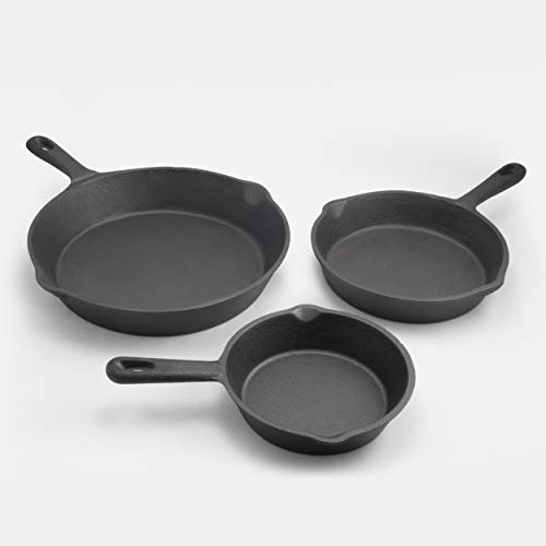 ExcelSteel Durable Kitchenware Perfect for Home Stovetop and Delicious Outdoor Cooking Skillet Set, 3 Pc, Black Cast Iron