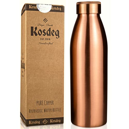 Copper Water Bottle - Kosdeg - 24oz - A Handcrafted Leak Proof Ayurvedic Pure Copper Vessel For Drinking- Drink More Water, Lower Your Sugar Intake and Enjoy The Health Benefits Immediately…