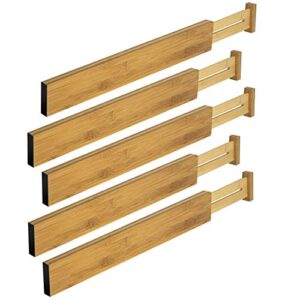 bamboo kitchen drawer dividers - adjustable spring loaded drawer organizers - drawer separator for kitchen utensils, bedroom clothes dresser, bathroom, and office - expands from 17.5" - 22" - 5 pack