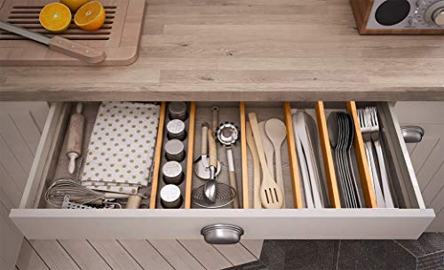 Bamboo Kitchen Drawer Dividers - Adjustable Spring Loaded Drawer Organizers - Drawer separator for Kitchen Utensils, Bedroom Clothes Dresser, Bathroom, and Office - Expands from 17.5" - 22" - 5 Pack