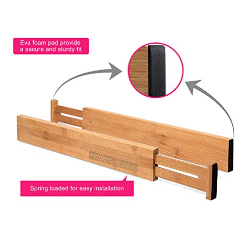 Bamboo Kitchen Drawer Dividers - Adjustable Spring Loaded Drawer Organizers - Drawer separator for Kitchen Utensils, Bedroom Clothes Dresser, Bathroom, and Office - Expands from 17.5" - 22" - 5 Pack