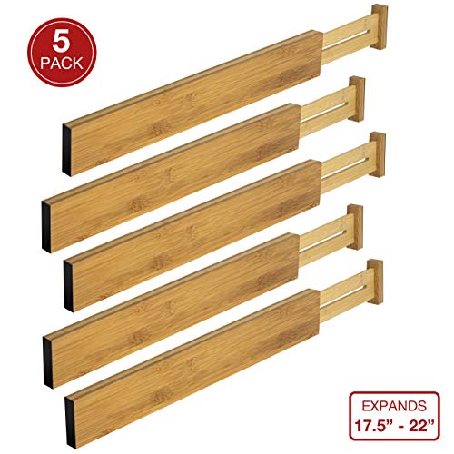 Bamboo Kitchen Drawer Dividers - Adjustable Spring Loaded Drawer Organizers - Drawer separator for Kitchen Utensils, Bedroom Clothes Dresser, Bathroom, and Office - Expands from 17.5" - 22" - 5 Pack