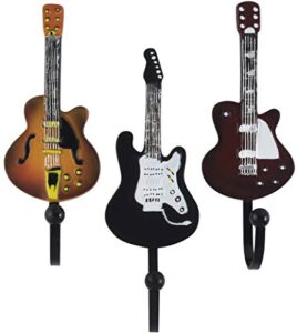 decorative vintage guitar resin wall coat hooks in tan, brown and black colors (set of 3)
