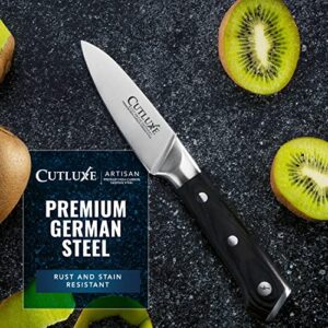 Cutluxe Paring Knife – 3.5" Small Kitchen Knife, Peeling Knife with Razor Sharp Blade – Forged High Carbon German Steel – Full Tang & Ergonomic Handle Design – Artisan Series