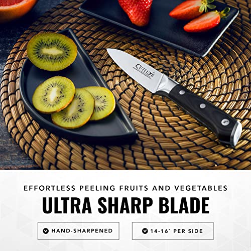 Cutluxe Paring Knife – 3.5" Small Kitchen Knife, Peeling Knife with Razor Sharp Blade – Forged High Carbon German Steel – Full Tang & Ergonomic Handle Design – Artisan Series