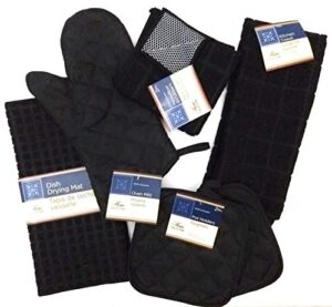 kitchen towel set with 2 quilted pot holders, oven mitt, dish towel, dish drying mat, 2 microfiber scrubbing dishcloths (black)
