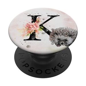 k monogram floral letter k initial watercolor hedgehog