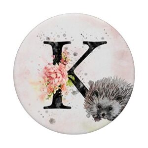 K Monogram Floral Letter K Initial Watercolor Hedgehog