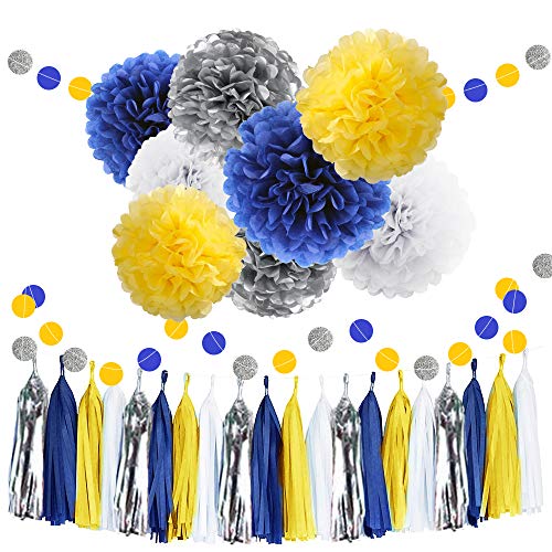 30pcs Tissue Pom Poms Yellow Blue Color Party Supplies,Navy Yellow White Silver Birthday Party Decorations Paper Tassel Garland for Bridal Shower Wedding School Ceremony Graduation Theme Party Supplie