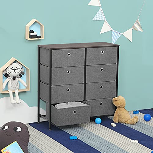 SONGMICS Dresser, Storage Unit with 8 Easy Pull Fabric Drawers, Dresser Drawer, Organizer Unit with Metal Frame, Wooden Tabletop, for Closet, Nursery, Dark Walnut and Gray ULTS24G