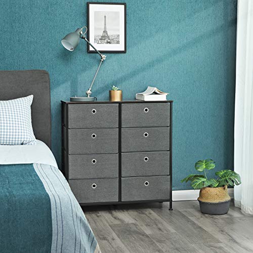 SONGMICS Dresser, Storage Unit with 8 Easy Pull Fabric Drawers, Dresser Drawer, Organizer Unit with Metal Frame, Wooden Tabletop, for Closet, Nursery, Dark Walnut and Gray ULTS24G