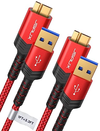 JSAUX Hard Drive Cable [2 Pack,0.3M+1M] USB 3.0 A to Micro B Nylon Cable Compatible with Portable External Hard Drives,WD Elements,Seagate Expansion,Toshiba,Samsung M3 1TB/Galaxy S5/Note 3-Red