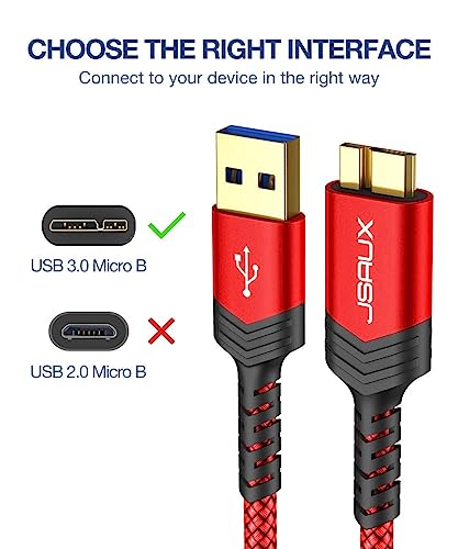 JSAUX Hard Drive Cable [2 Pack,0.3M+1M] USB 3.0 A to Micro B Nylon Cable Compatible with Portable External Hard Drives,WD Elements,Seagate Expansion,Toshiba,Samsung M3 1TB/Galaxy S5/Note 3-Red