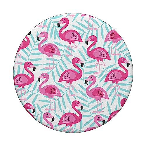 Pink Flamingos Teal Palm Tree Leaves Cute Beach Theme PopSockets Swappable PopGrip