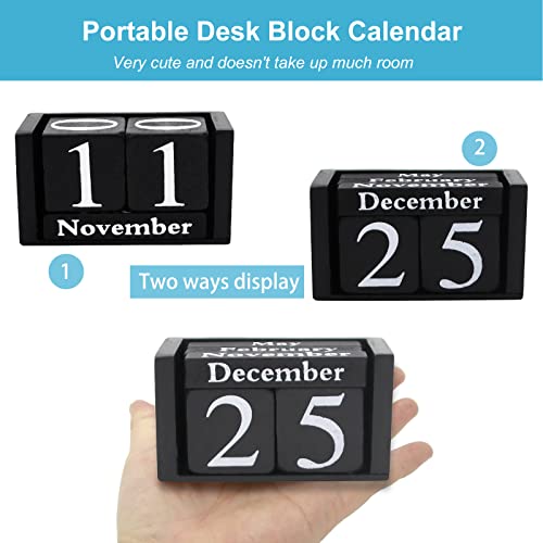 MICKYU Wooden Block Calendar for Desk, Small Perpetual Calendar Month Date Display for Teachers, Farmhouse Classroom Office Decor for Men Women (Black)