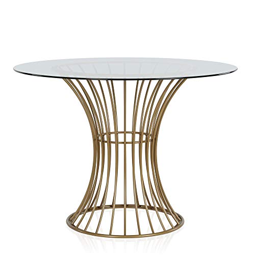 COSMOLiving by COSMOPOLITAN Westwood Modern Clear Tempered Glass Round Top Dining Table with Hourglass Gold Base - Brass