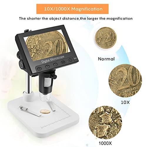 4.3 Inch Coin Microscope, 10X-1000X Magnification LCD Digital Microscope USB Microscope Camera Video Recorder with 8 Light for Adults PCB Soldering Jewelry Repair, Windows Compatible