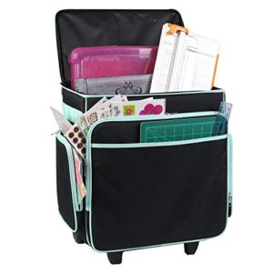 everything mary rolling craft bag, black & teal - papercraft tote with wheels for scrapbook & art storage - organizer case for iris boxes, supplies, and accessories