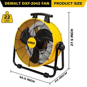 DEWALT DXF-2042 High-Velocity Industrial,Floor,Drum,Barn,Warehouse Fan Heavy Duty Mover Portable Air Circulator 3-Speed Adjustable Tilt, 20", Yellow