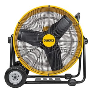dewalt dxf-2490 high-velocity industrial, drum, floor, barn, warehouse fan, heavy duty air mover with adjustable tilt & large wheel, 24", yellow