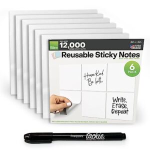 m.c. squares dry erase reusable sticky notes | 4x4 stickies 6-pack | 2-year re-stickable & erasable post notes | smudge-free tackie marker | usa made