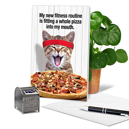 NobleWorks - 1 Cute Birthday Card with Envelope - Funny Wild Animals and Pets, Birthday Greeting - Pizza Fitness C6935BDG