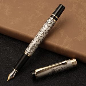 Jinhao 5000 Vintage Luxurious Metal Fountain Pen Beautiful Dragon Texture Carving, Ancient Gray Colour